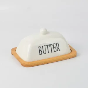 Beurrier en céramique avec plateau en bois