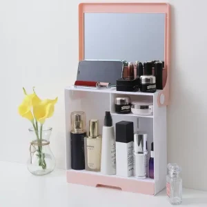 Organiseur de maquillage avec miroir intégré – Rose