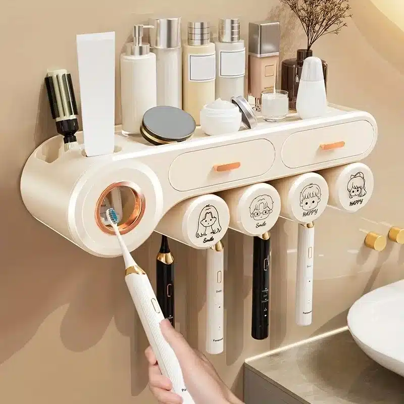 Porte brosse à dents mural avec 2 tasses et distributeur de dentifrice – Image 4