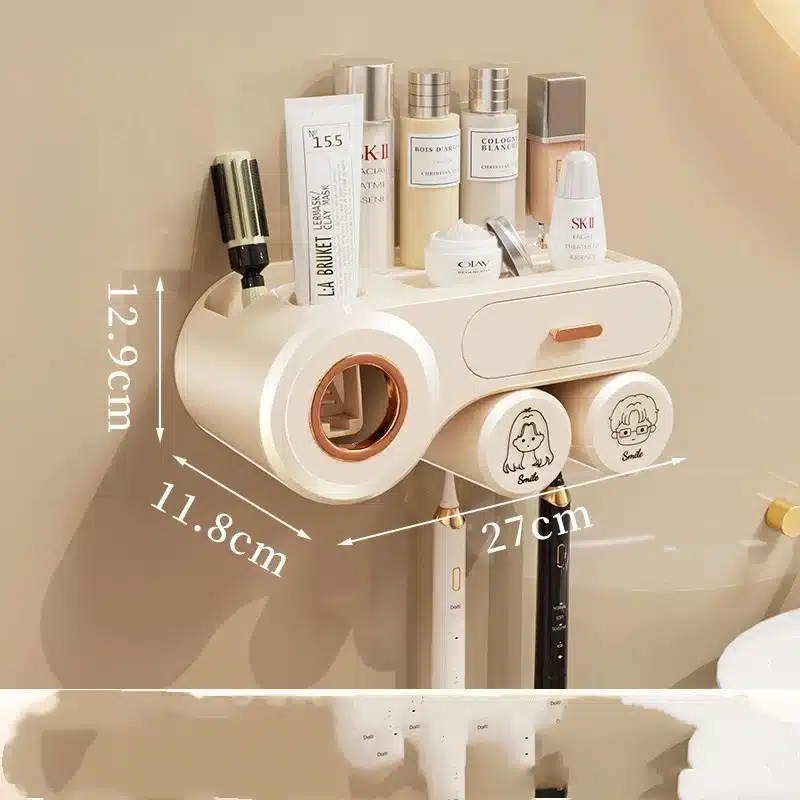 Porte brosse à dents mural avec 2 tasses et distributeur de dentifrice