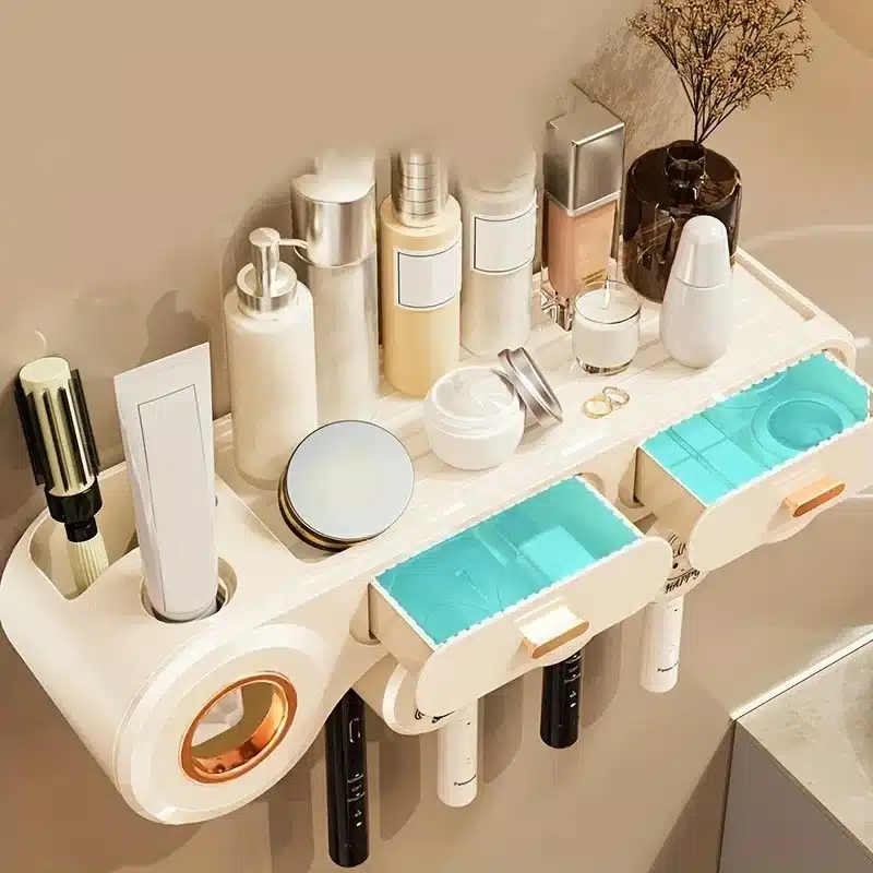Porte brosse à dents mural avec 2 tasses et distributeur de dentifrice – Image 3
