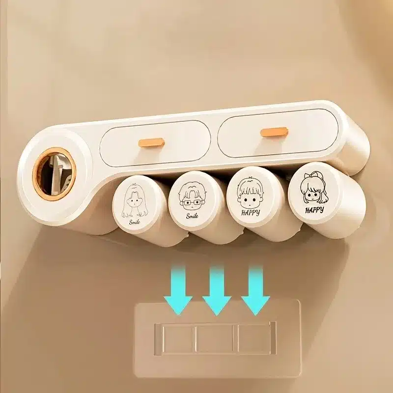 Porte brosse à dents mural avec 2 tasses et distributeur de dentifrice – Image 2