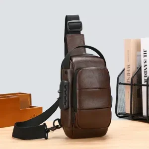 Sac bandoulière en similicuir avec sécurité à code – Marron foncé