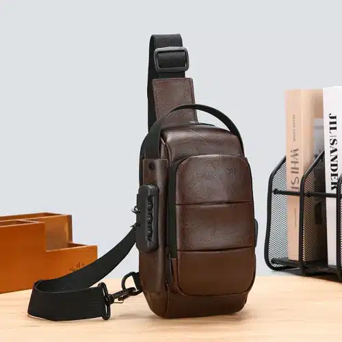 Sac bandoulière en similicuir avec sécurité à code – Marron foncé
